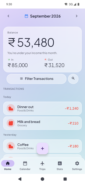 The Pocket Manager home screen, showing September's balance with the month's income and spending under it, above the day's transactions.