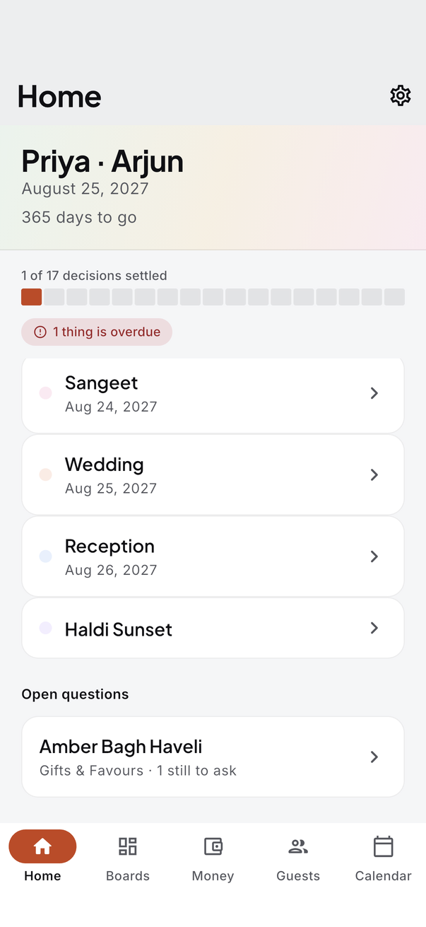 The planning board, with a card for each function of the wedding, each carrying its own date and its own colour.