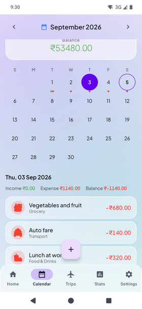 The Pocket Manager calendar screen, with 3 September picked out on the month grid and that day's three records below it, beside the day's balance and the month's.
