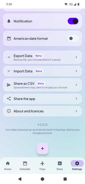 The Pocket Manager settings screen, scrolled to the rows that export the data, import it and share it as a CSV file, each of the three tagged Beta.